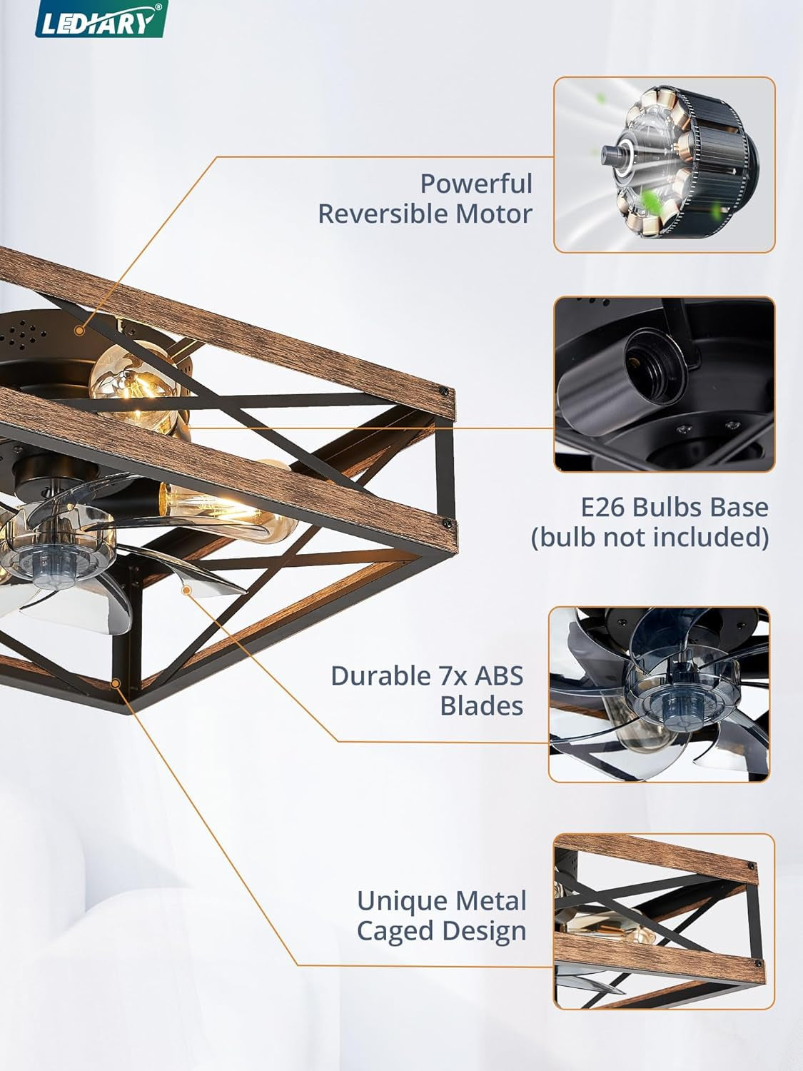 Caged Low Profile Ceiling Fans with Lights and Remote Rustic Square