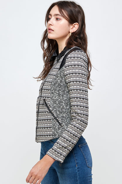 Textured Knit Jacket with Faux Leather Accents - Stylemz