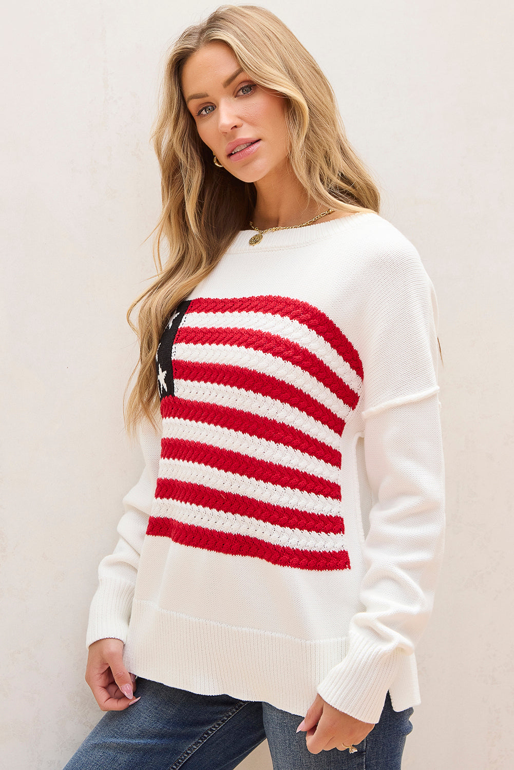 Lakelyn American Flag Sweater with Cozy Cable Knit Design