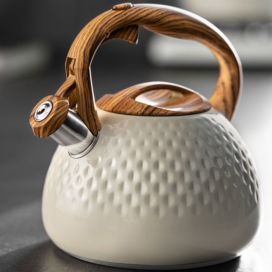 3L Stainless Steel Whistling Kettle Creamy White Wood Grain