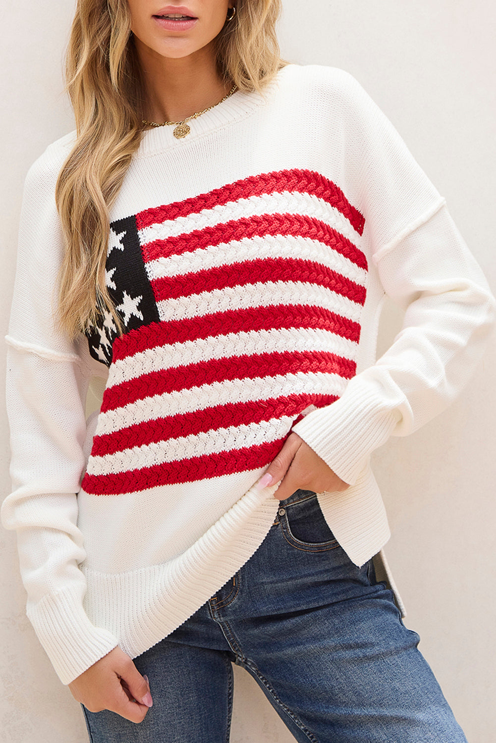 Lakelyn American Flag Sweater with Cozy Cable Knit Design