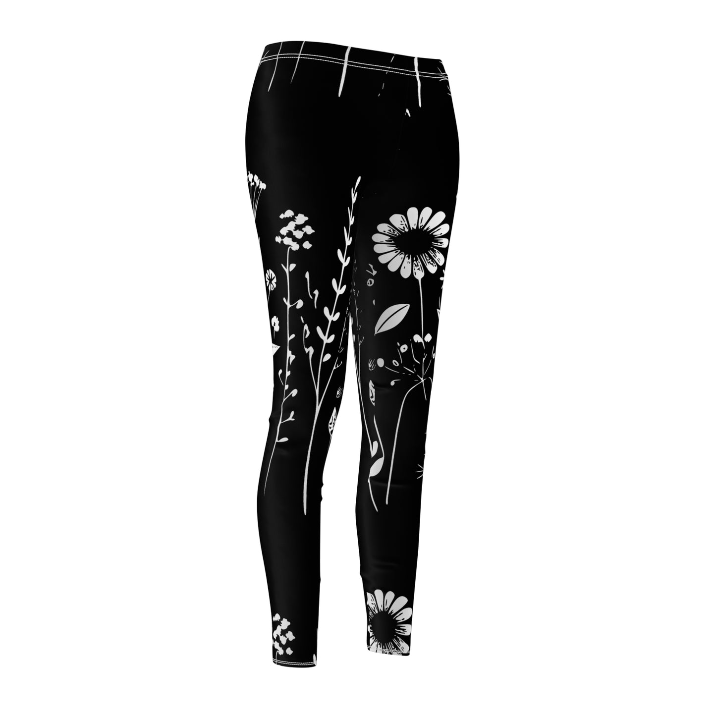 Black and White Flower Women's Cut & Sew Casual Leggings (AOP)  - Korea  - StyleMZ