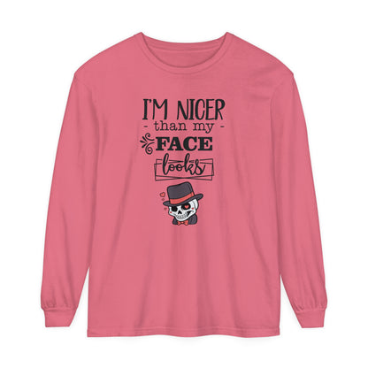 Korea - I am nicer than my face looks Unisex Garment-dyed Long Sleeve T-Shirt - StyleMZ - Stylemz