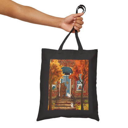 Autumn Gathering at Bear's Door Cotton Canvas Tote Bag - StyleMZ