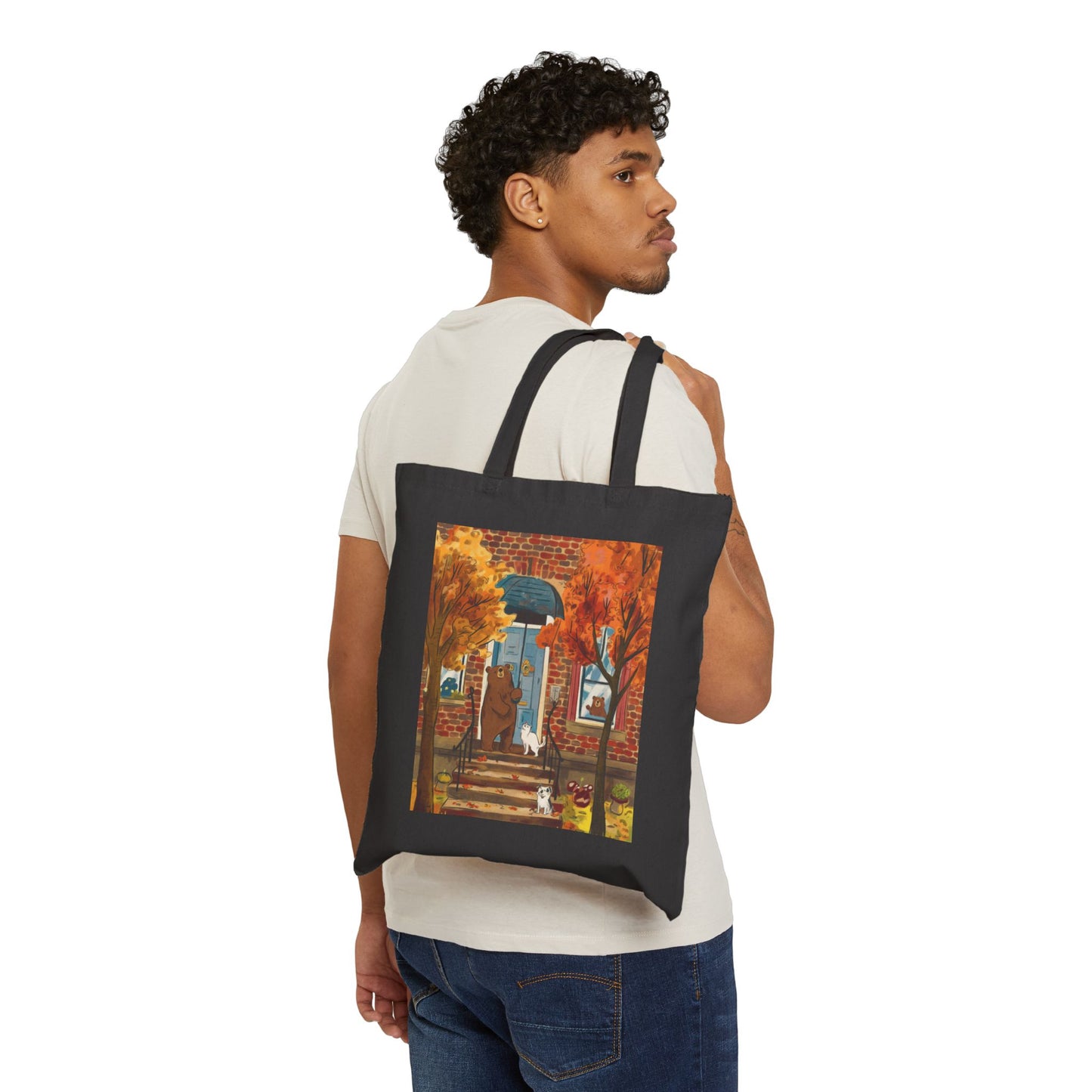 Autumn Gathering at Bear's Door Cotton Canvas Tote Bag - StyleMZ