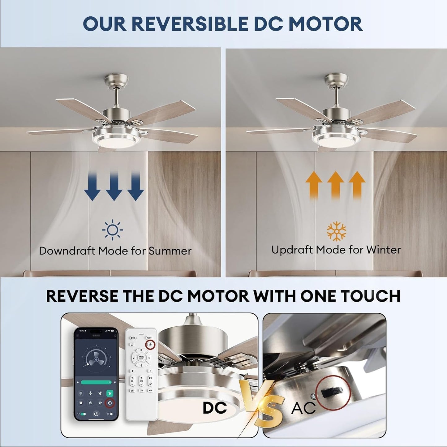 42 Inch Ceiling Fans with Lights and Remote App Control Modern Nickel