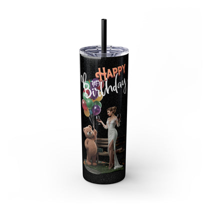 Corea - Vaso delgado con pajita con la frase "Happy Birthday", 20 oz - StyleMZ 