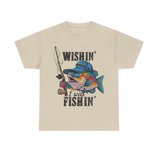 Corea - Camiseta unisex de algodón grueso con el mensaje "Wishing I was fishing" - StyleMZ 