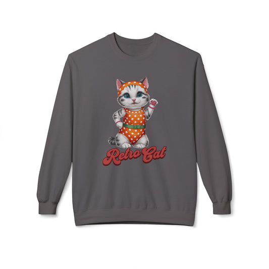 Corea - Sudadera unisex de cuello redondo de polar suave y de peso medio con diseño retro de gato - StyleMZ 