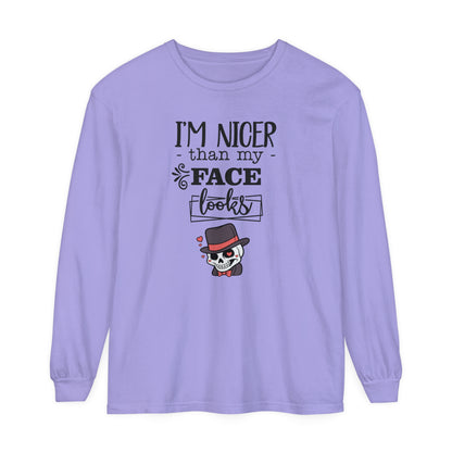 Korea - I am nicer than my face looks Unisex Garment-dyed Long Sleeve T-Shirt - StyleMZ - Stylemz