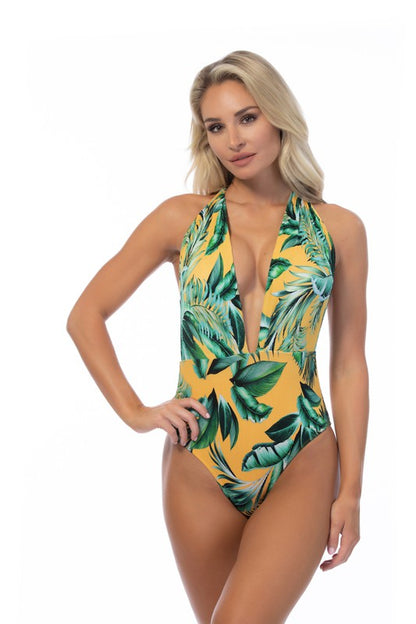 Ribbed Tropical V Neck One Piece Swimsuit - Slimming Fit