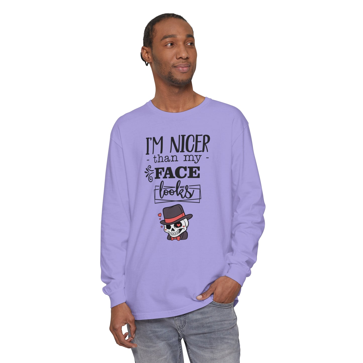 Korea -  I am nicer than my face looks Unisex Garment-dyed Long Sleeve T-Shirt  - StyleMZ