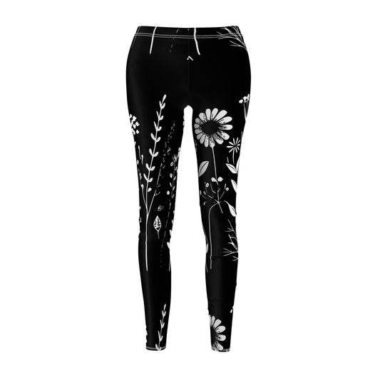 Leggings casuales para mujer con flores en blanco y negro cortados y cosidos (AOP) - Corea - StyleMZ 