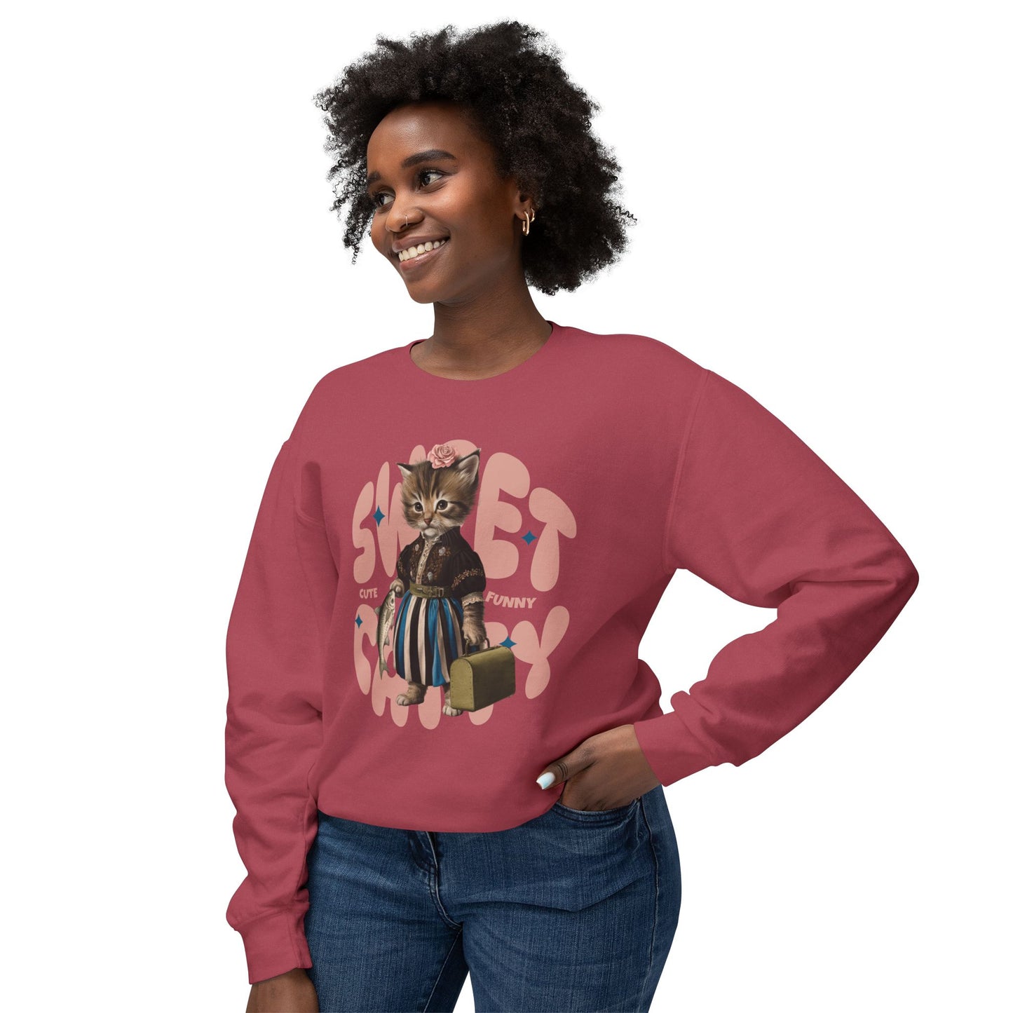 Korea -  Sweet Catty Unisex Lightweight Crewneck Sweatshirt  - StyleMZ