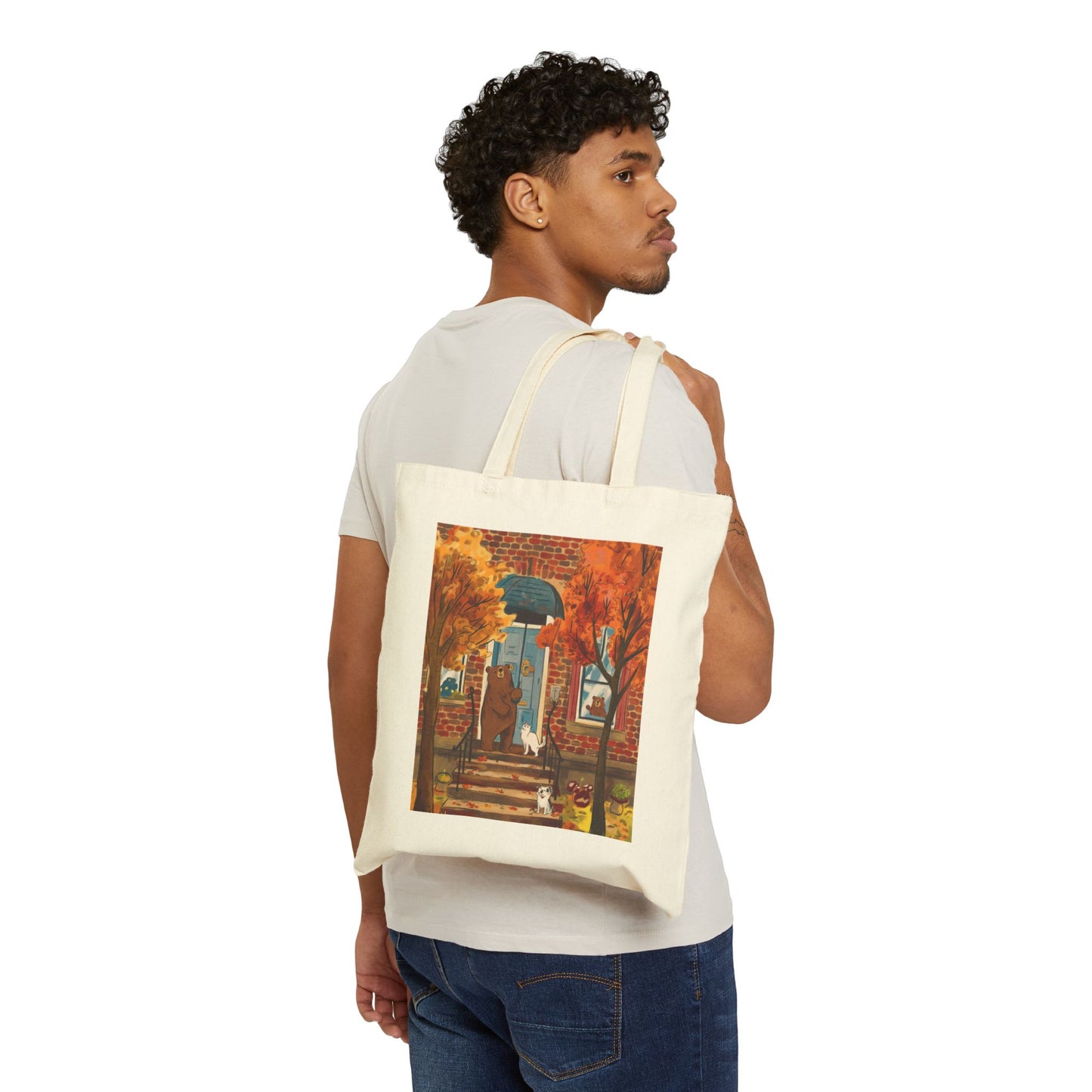 Autumn Gathering at Bear's Door Cotton Canvas Tote Bag - StyleMZ