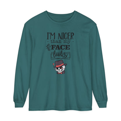 Korea -  I am nicer than my face looks Unisex Garment-dyed Long Sleeve T-Shirt  - StyleMZ