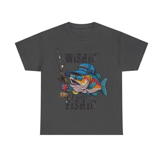 Corea - Camiseta unisex de algodón grueso con el mensaje "Wishing I was fishing" - StyleMZ 