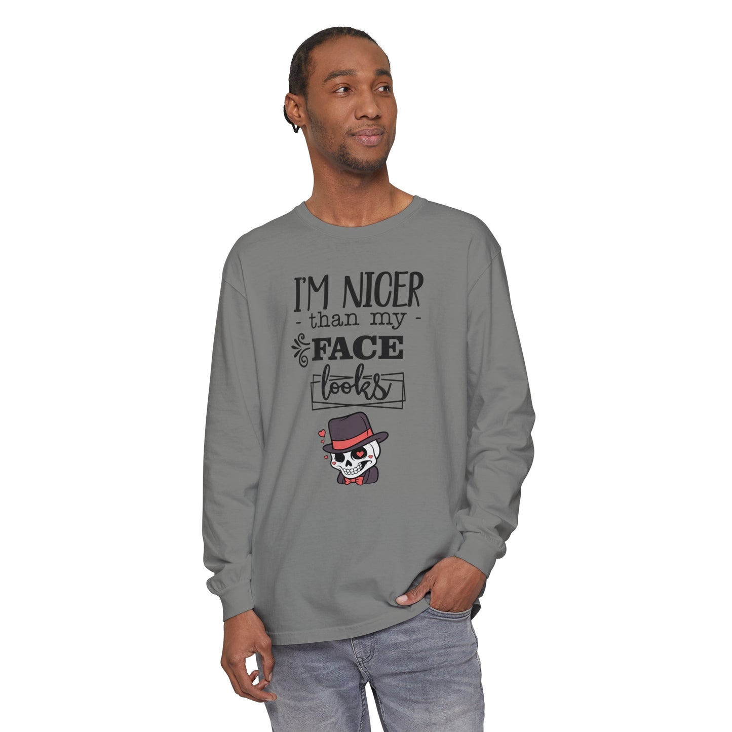 Korea -  I am nicer than my face looks Unisex Garment-dyed Long Sleeve T-Shirt  - StyleMZ