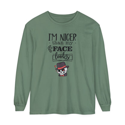 Korea - I am nicer than my face looks Unisex Garment-dyed Long Sleeve T-Shirt - StyleMZ - Stylemz