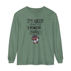 Korea -  I am nicer than my face looks Unisex Garment-dyed Long Sleeve T-Shirt  - StyleMZ