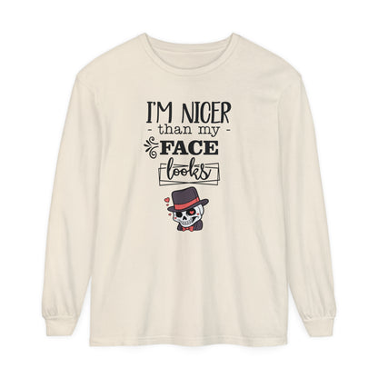 Korea - I am nicer than my face looks Unisex Garment-dyed Long Sleeve T-Shirt - StyleMZ - Stylemz