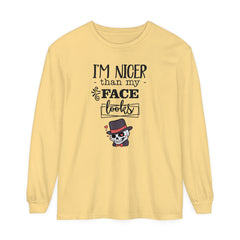 Korea -  I am nicer than my face looks Unisex Garment-dyed Long Sleeve T-Shirt  - StyleMZ