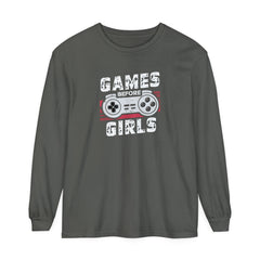 Korea -  Games before girls Unisex Garment-dyed Long Sleeve T-Shirt  - StyleMZ