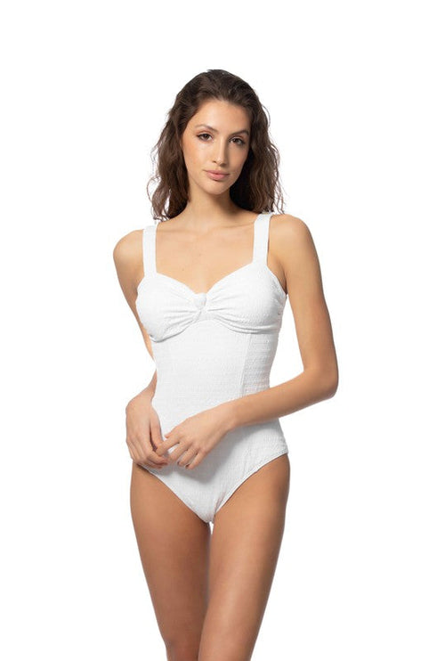 Textured Solid One Piece Swimsuit with Knot Front Detail