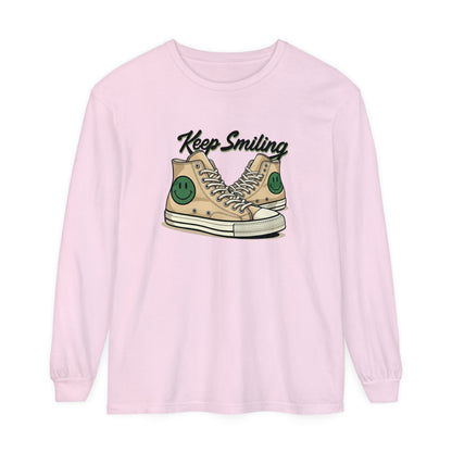 Korea -  Keep smiling Unisex Garment-dyed Long Sleeve T-Shirt  - StyleMZ