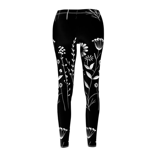 Leggings casuales para mujer con flores en blanco y negro cortados y cosidos (AOP) - Corea - StyleMZ 