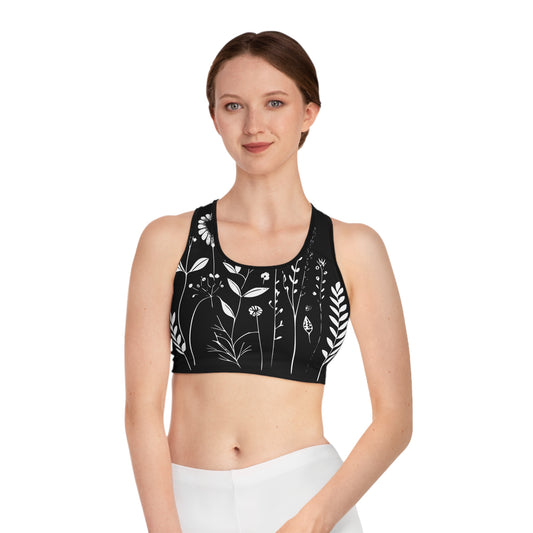 Black and White Flower Sports Bra (AOP) - Korea - StyleMZ - Stylemz