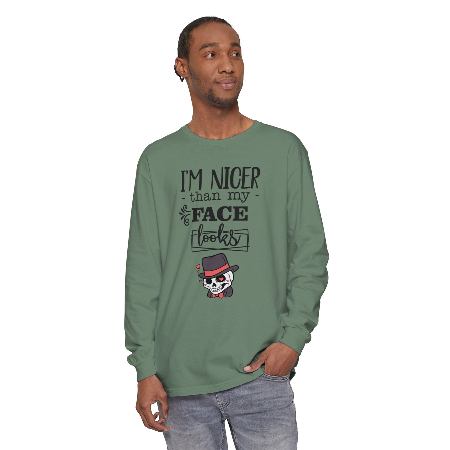 Korea - I am nicer than my face looks Unisex Garment-dyed Long Sleeve T-Shirt - StyleMZ - Stylemz