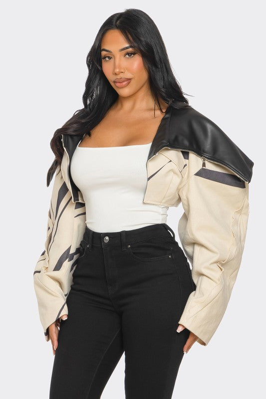 Two-Tone Puff Sleeve Bomber Jacket - Stylemz