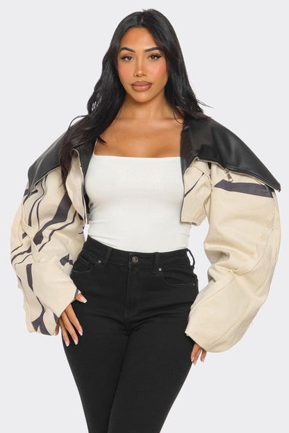 Two-Tone Puff Sleeve Bomber Jacket - Stylemz