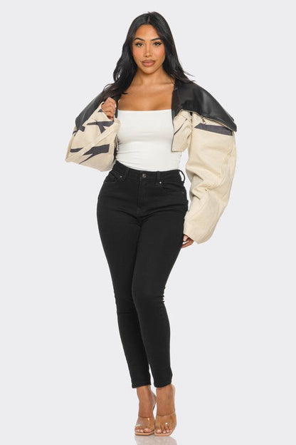 Two-Tone Puff Sleeve Bomber Jacket - Stylemz