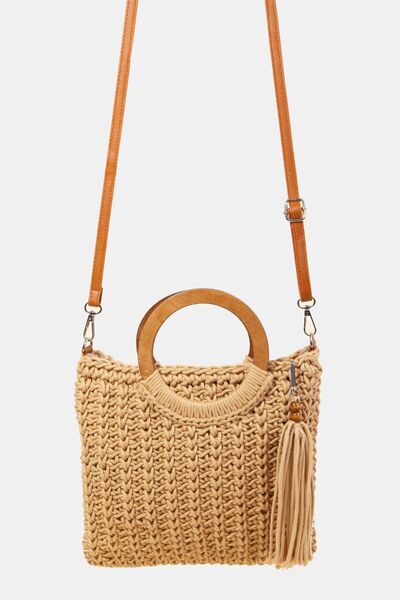 Fame Crochet Knit Convertible Tote Bag with Tassel - Stylemz