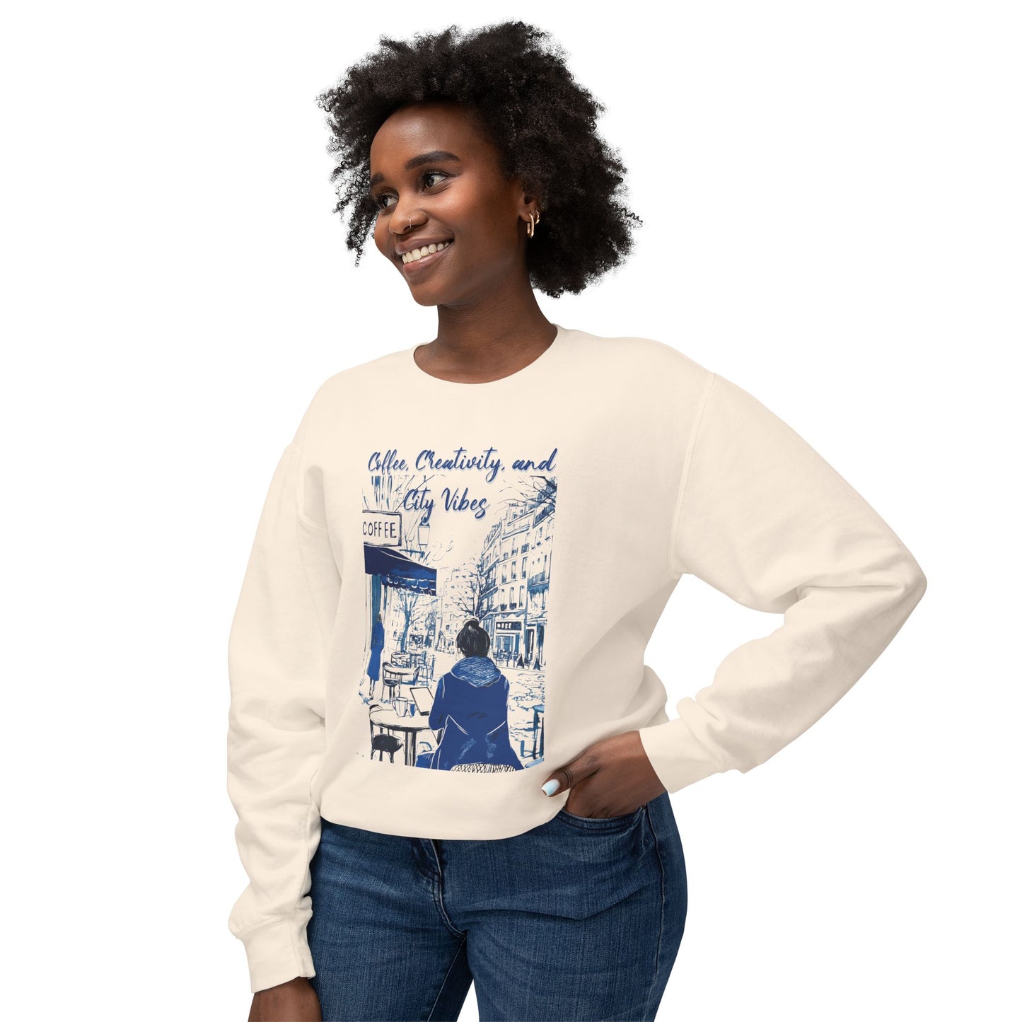 Coffee, Creativity, and City Vibes Unisex Lightweight Crewneck Sweatshirt - StyleMZ