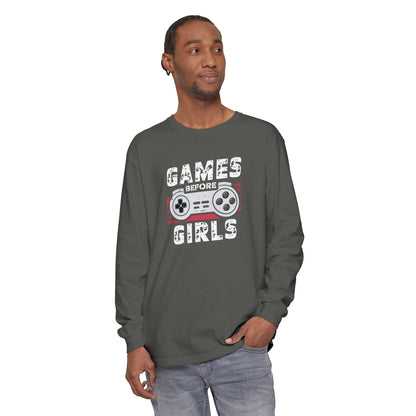 Korea -  Games before girls Unisex Garment-dyed Long Sleeve T-Shirt  - StyleMZ