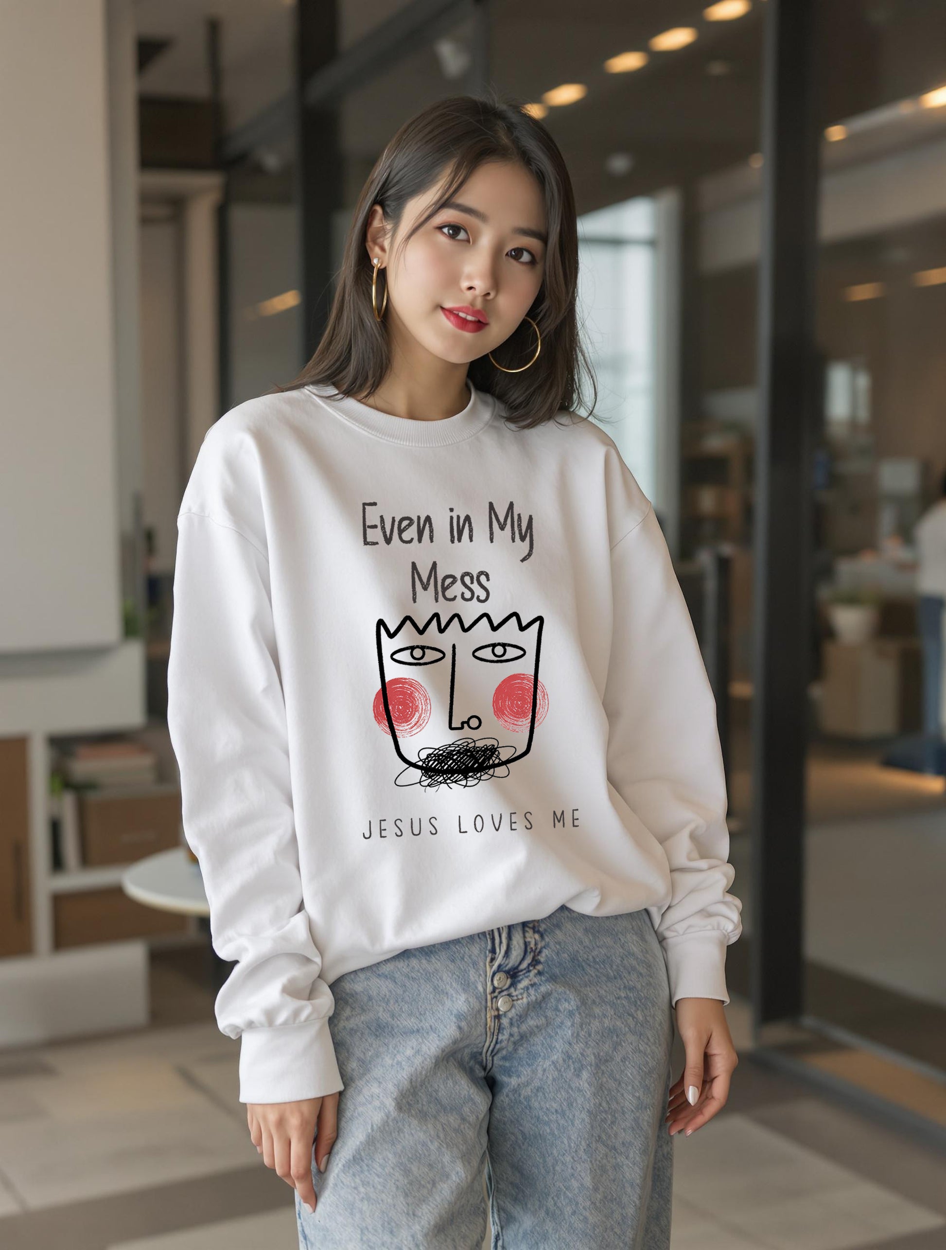 Long-sleeve - StyleMZ -  Even In My Mess Jesus Loves Me Unisex Midweight Softstyle Fleece Crewneck Sweatshirt  - StyleMZ