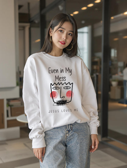 Long-sleeve - StyleMZ -  Even In My Mess Jesus Loves Me Unisex Midweight Softstyle Fleece Crewneck Sweatshirt  - StyleMZ