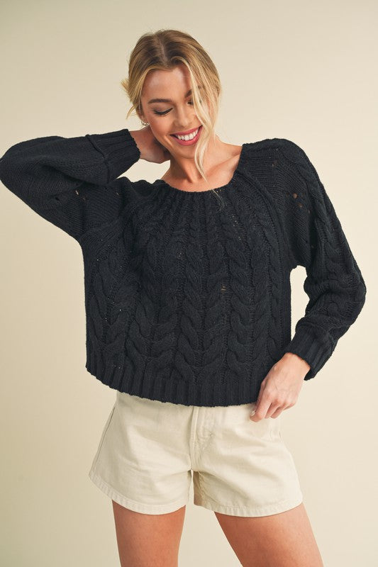 Aemi + Co Cable-Knit Openwork Round Neck Sweater for Cozy Chic