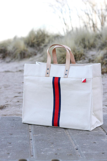 Striped Box Tote Bag with Leather Handles and Pockets