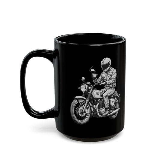 Corea - Taza negra con café y motociclista (11 oz, 15 oz) - StyleMZ 