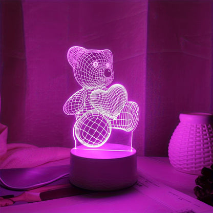 USB Romantic Pink Heart Bear 3D Night Light Decor for Cozy Vibes