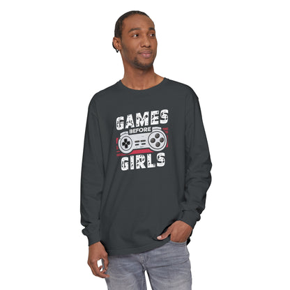 Korea -  Games before girls Unisex Garment-dyed Long Sleeve T-Shirt  - StyleMZ