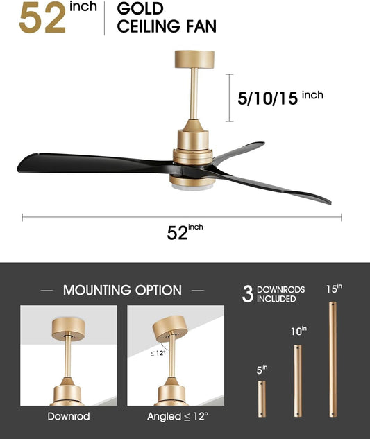 52 Inch Modern Black and Gold Ceiling Fan with Lights and Remote ETL