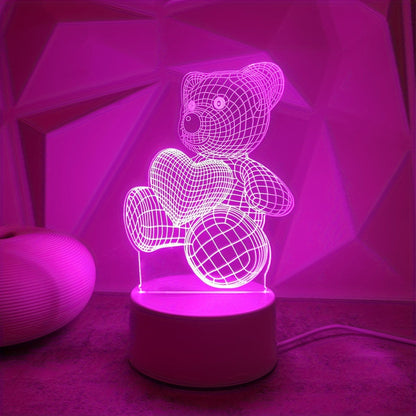 USB Romantic Pink Heart Bear 3D Night Light Decor for Cozy Vibes