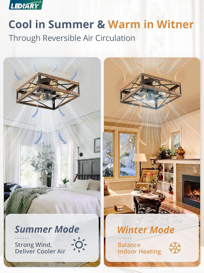 Caged Low Profile Ceiling Fans with Lights and Remote Rustic Square