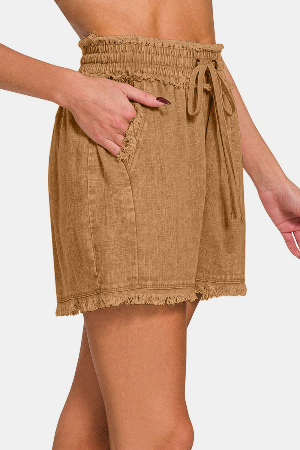 Zenana Washed Linen Frayed Hem Drawstring Shorts for Summer