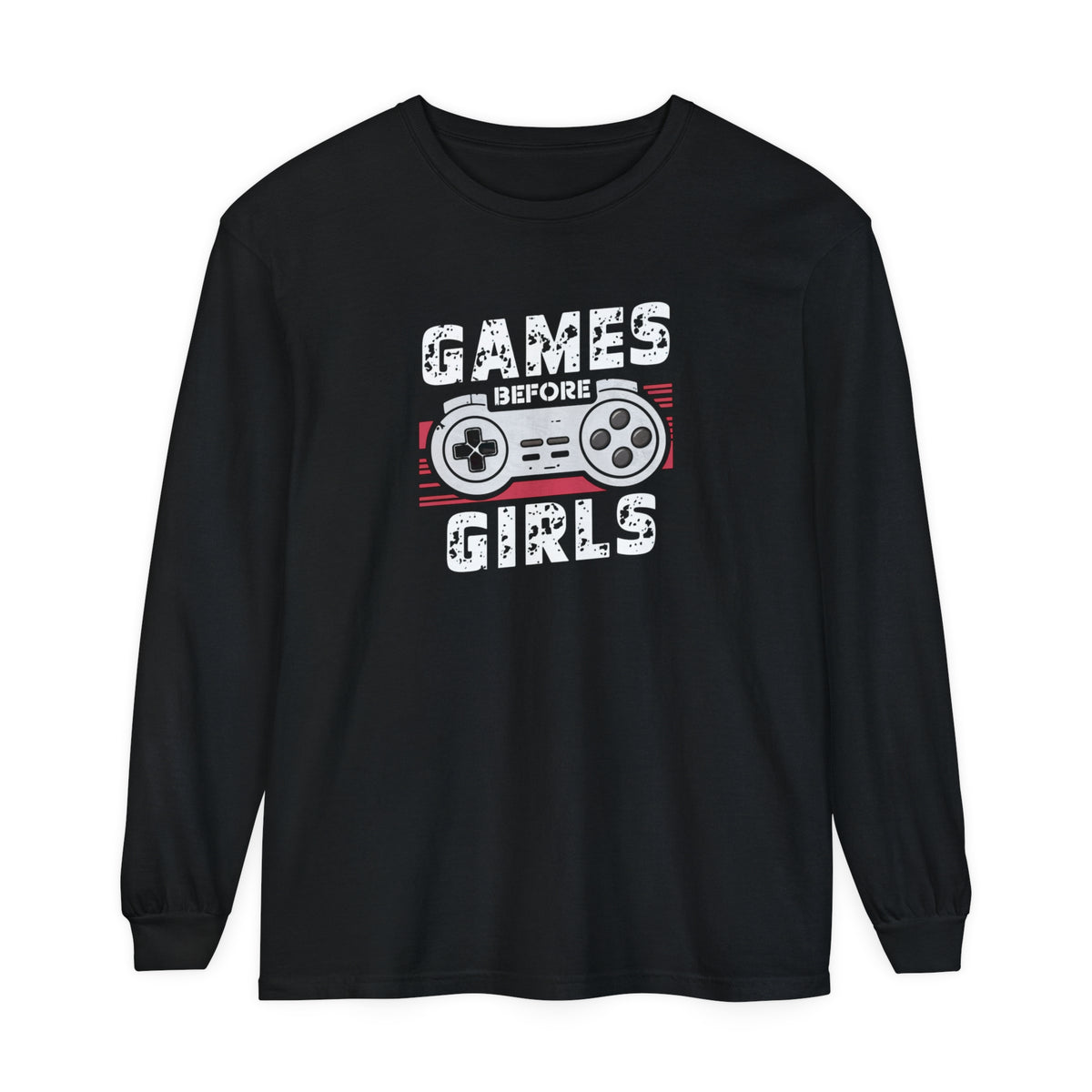 Corea - Camiseta unisex de manga larga teñida con la frase "Juegos antes que las chicas" - StyleMZ 